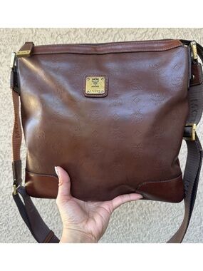 MCM Brown Leather Messenger Bag with Gold Logo
